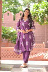 Arihantam Plum Petals – 3-Piece Cotton Kurti Set with Dupatta
